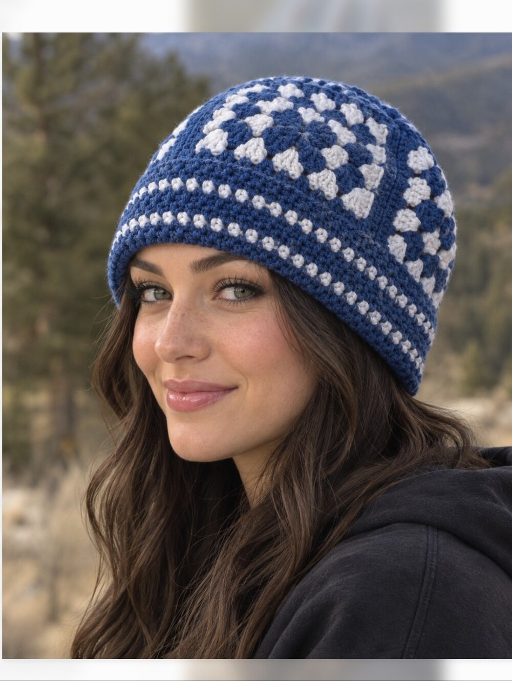 Handmade Crochet Beanie Cap Blue Granny Square Hand Knit Cottagecore Grannycore